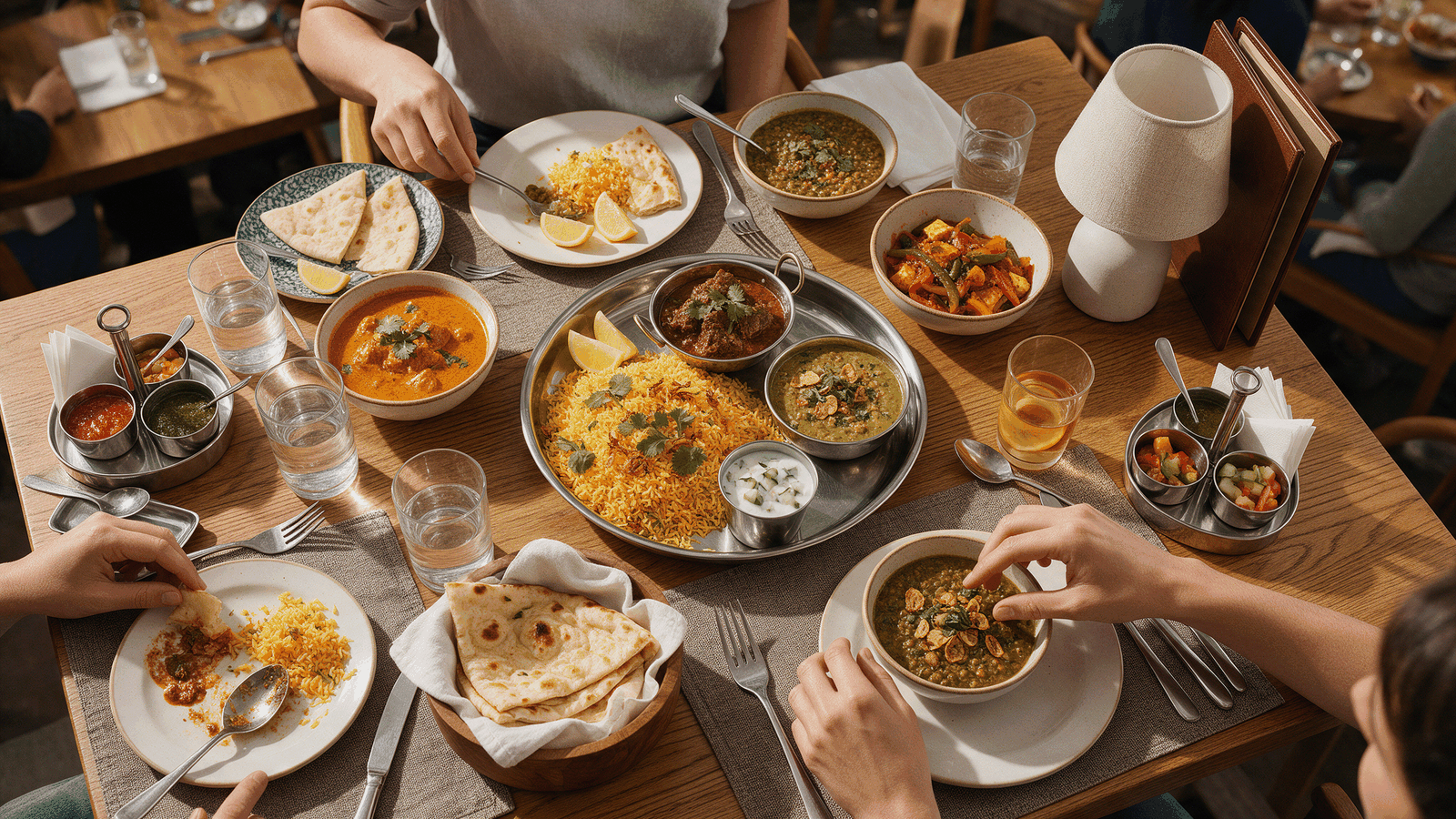 Overhead view of a four-seater table set with shared dishes, plates, glasses and condiments